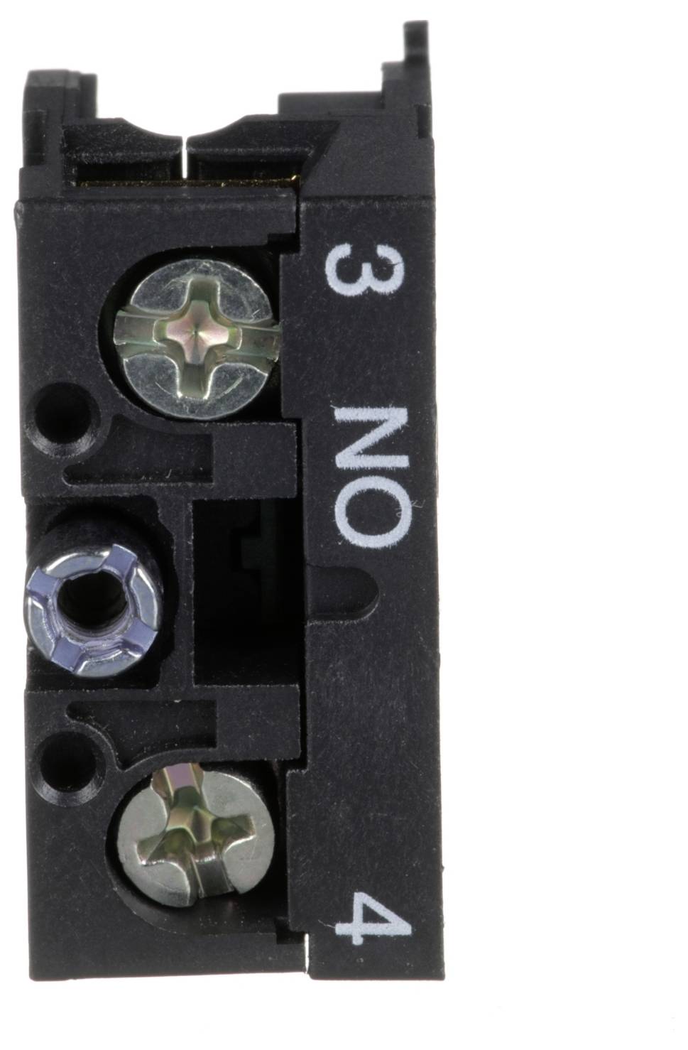 Gros plan d'un bloc de bornes électriques noire étiqueté « 3 NO 4 » avec trois bornes à vis visibles sur un fond blanc.