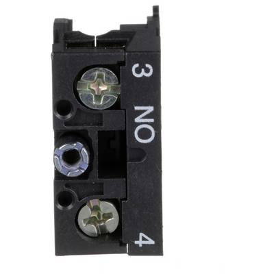 Gros plan d'un bloc de bornes électriques noire étiqueté « 3 NO 4 » avec trois bornes à vis visibles sur un fond blanc.