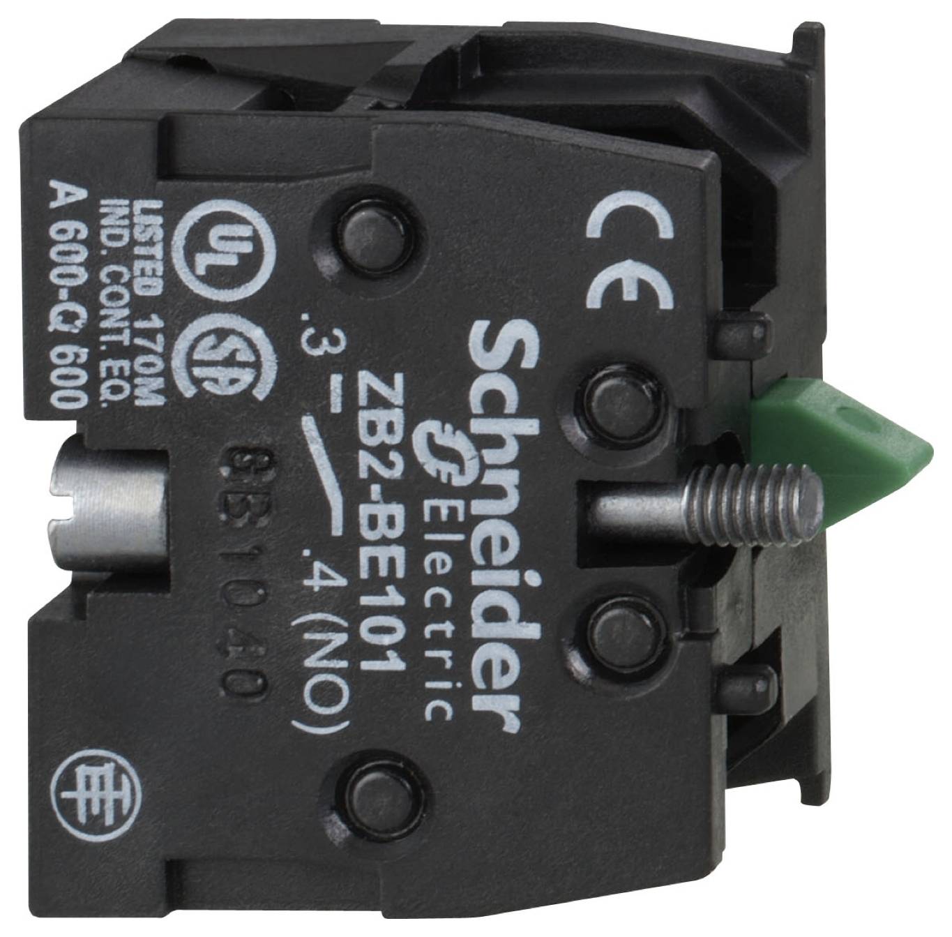 Gros plan d'un bloc de contact électrique Schneider Electric étiqueté ZB2-BE101, avec un actionneur vert et une vis de borne sur la droite.