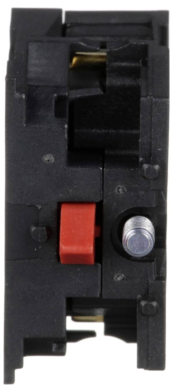 Gros plan d'un disjoncteur électrique noir avec un levier de commutation rouge et une vis de borne métallique.