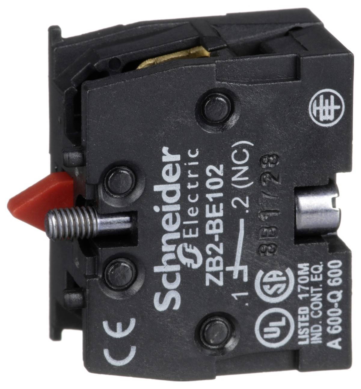Bloc de contacts de commutateur électrique Schneider Electric ZB2-BE102 avec actionneur rouge et marquages de bornes.