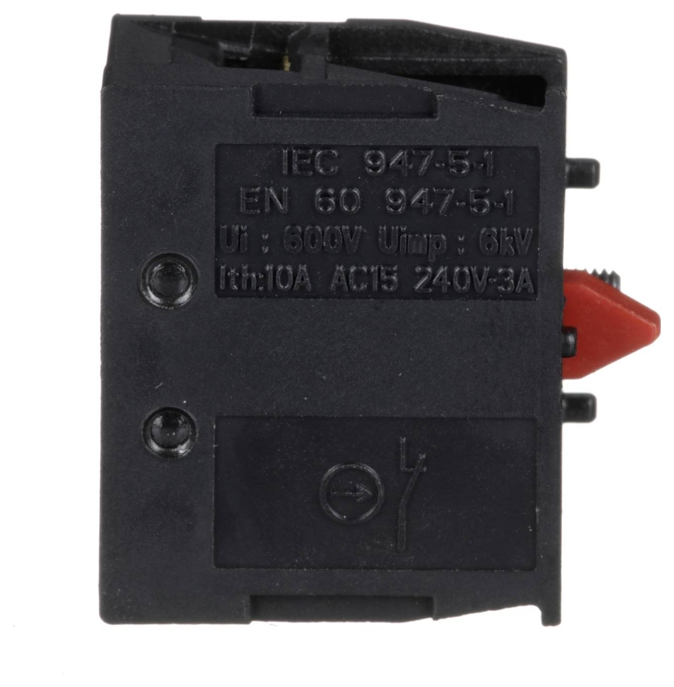 Composant de commutateur électrique noir avec actionneur rouge, affichant les marquages de normes IEC 947-5-1 et d'évaluation 240V/3A.