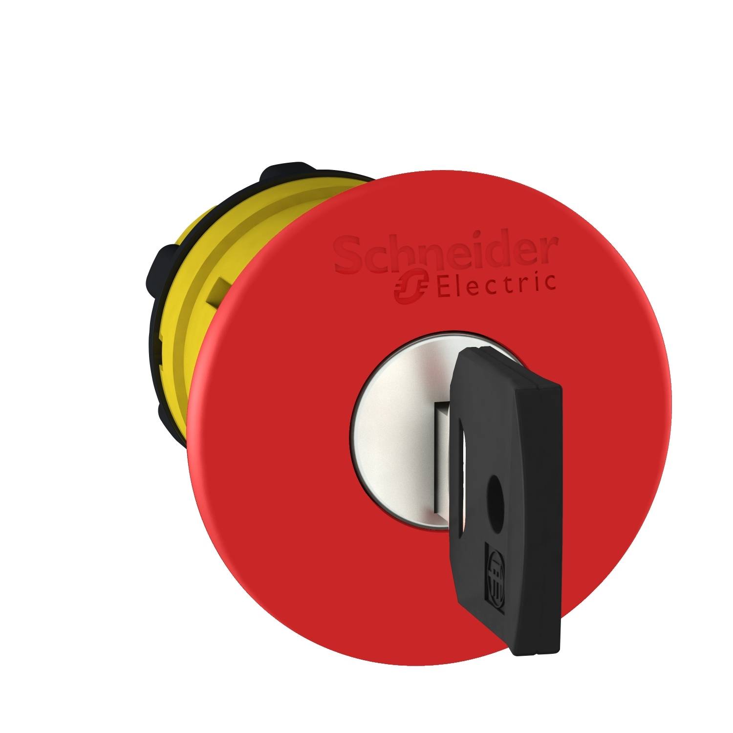 Bouton d'arrêt d'urgence rouge de Schneider Electric. Un interrupteur à clé au design industriel, mis en valeur sur un fond blanc.