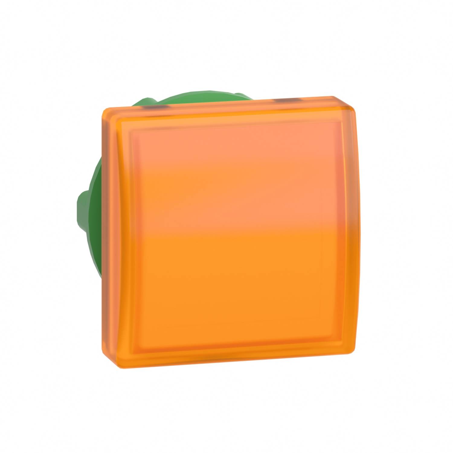 Un bouton carré orange avec un léger brillant. Il est intégré dans un boîtier verdâtre.