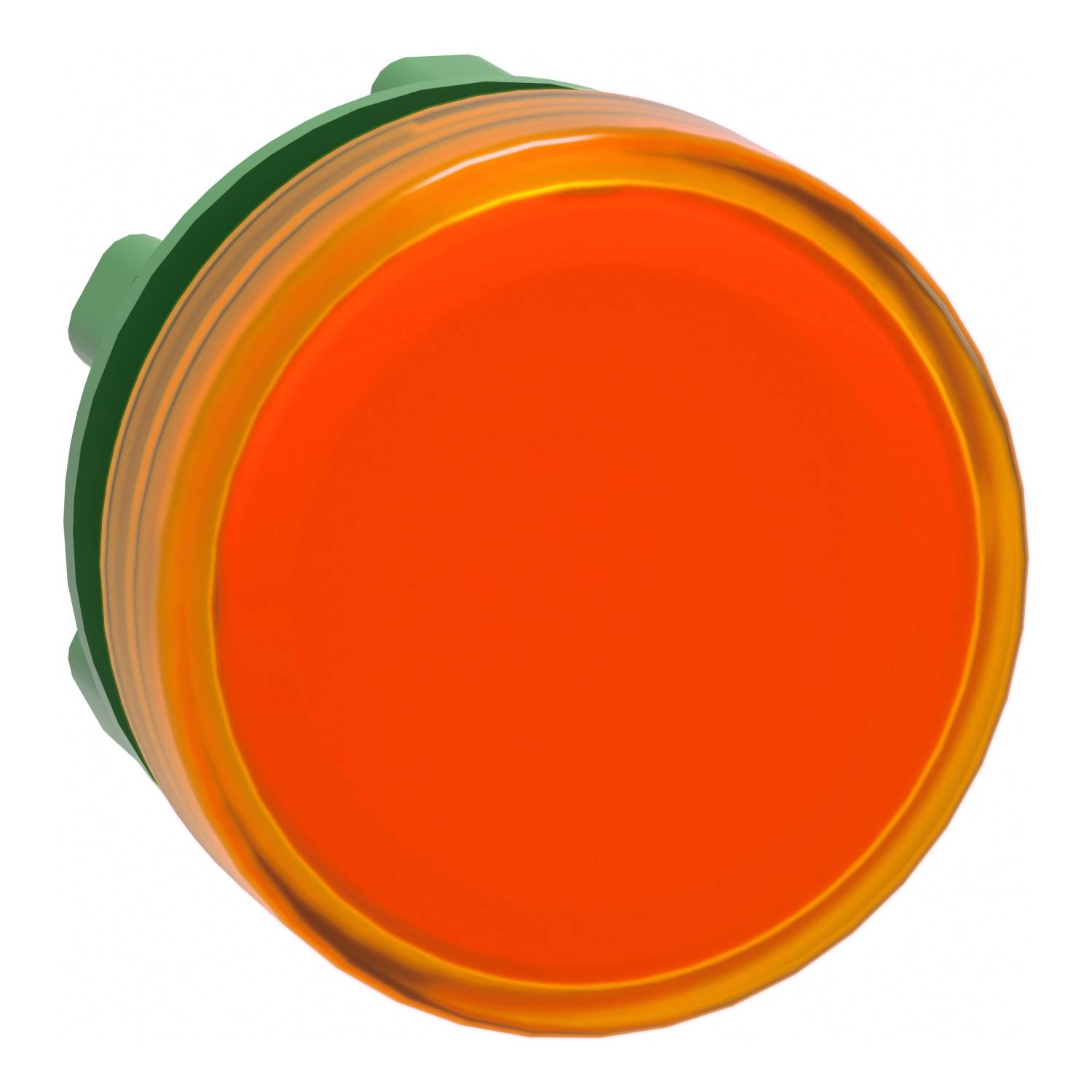 Un bouton grand et orange vif avec un bord vert, indiquant un interrupteur de secours ou de fonction spéciale.