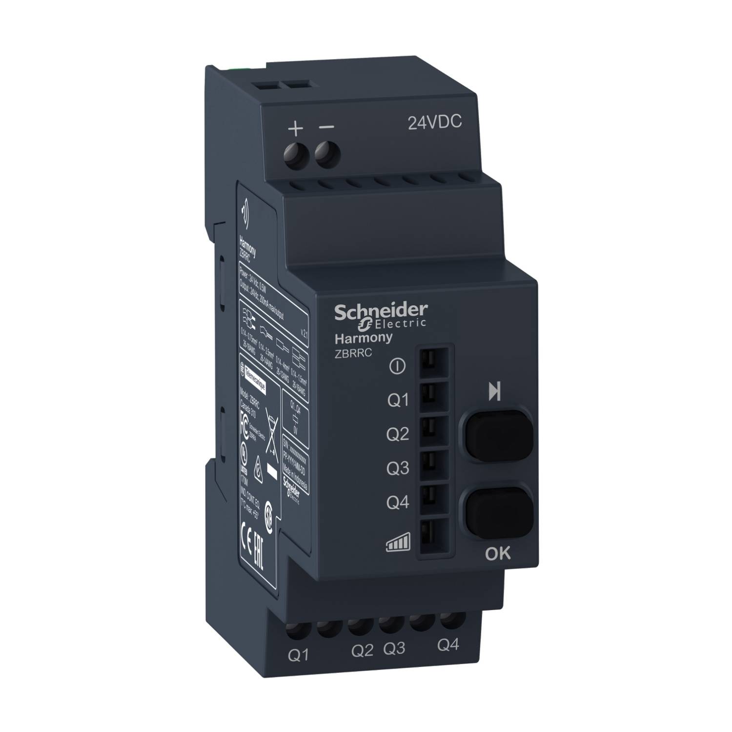 Unité de commande électronique de Schneider Electric, modèle Harmony ZBRRC, avec bornes de connexion et voyants LED pour Q1 à Q4.