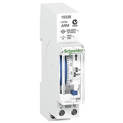 Un interrupteur horaire électrique blanc de Schneider Electric, numéro de modèle 15336, affiche un réglage sur 24 heures avec des flèches et des symboles.