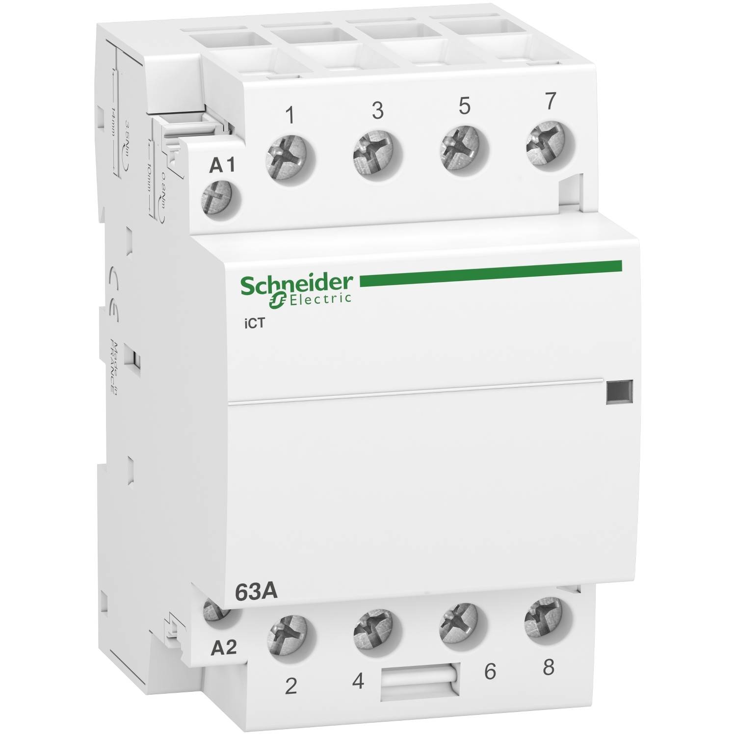 Un module électrique blanc avec des bornes à vis, logo de marque 'Schneider Electric', modèle 'iCT', adapté jusqu'à 63A.