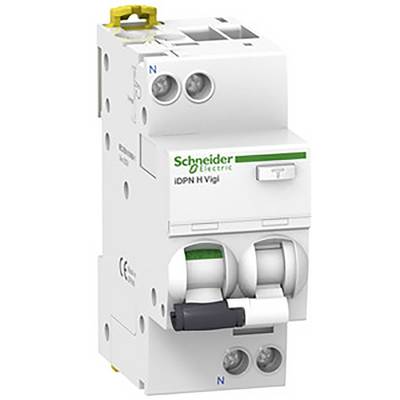 Un interrupteur différentiel bipolaire de 'Schneider Electric', modèle 'iDPN H Vigi', avec marquage CE, en vue détaillée.