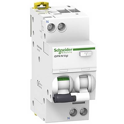 Un disjoncteur blanc de Schneider Electric, modèle 'iDPN N Vigi', avec interrupteurs à bascule et bornes de connexion.