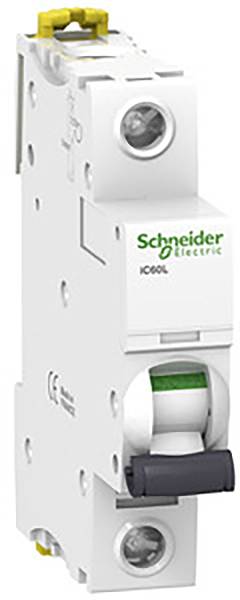Un disjoncteur électrique de Schneider Electric, de couleur blanche avec un interrupteur vert et noir sur l'avant.