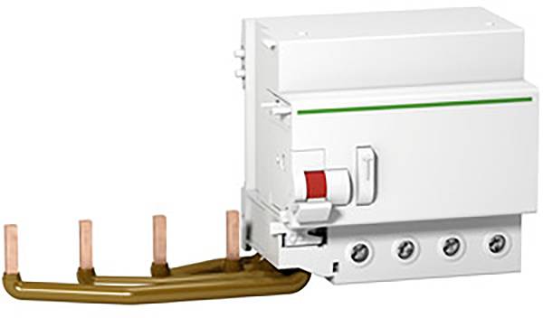 Un interrupteur de protection électrique avec un bouton rouge sur le devant et des bornes de connexion en cuivre en bas.