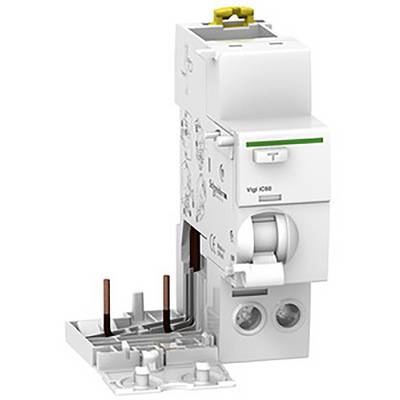 Interrupteur différentiel 'Schneider Electric' de type Vigi IC60 avec composants de montage. Interrupteur principal en haut, bornes visibles en bas.