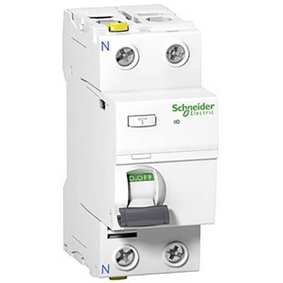 Disjoncteur différentiel bipolaire de 'Schneider Electric', avec levier vert 'ON/OFF' et marquage bleu 'N' pour le conducteur neutre.