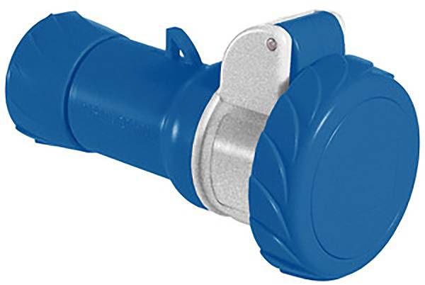 Un connecteur CEE bleu avec capuchon de protection pour applications industrielles.