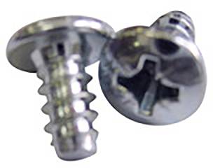 Deux vis en argent avec une fente cruciforme, disposées de manière horizontale et oblique l'une par-dessus l'autre.