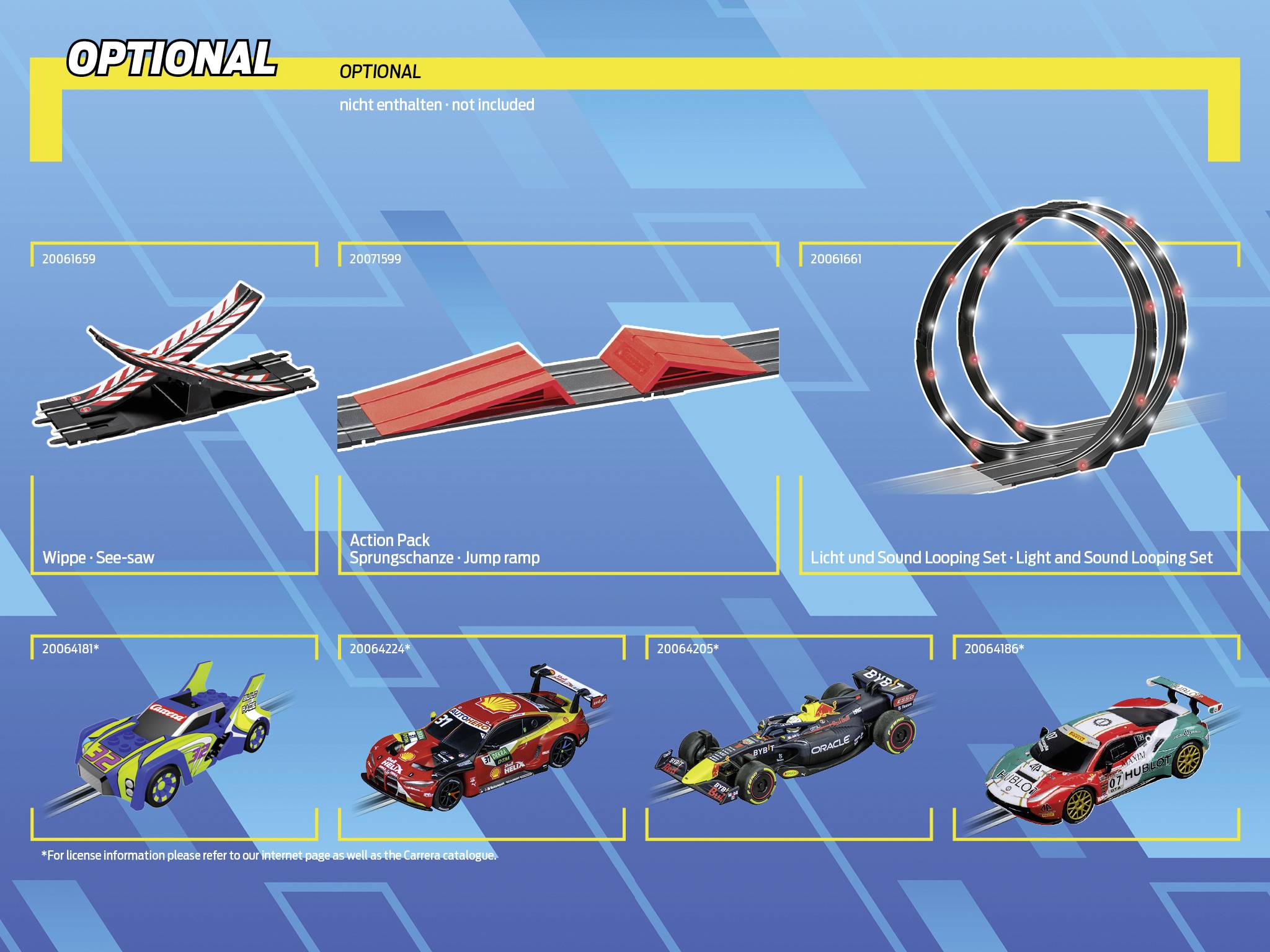 Illustration d'un ensemble de circuit de course de jouets : bascule, rampe de saut, ensemble de boucle avec lumières et sons ; cinq voitures de jouet colorées.
