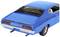 Une voiture de collection bleue avec des vitres arrière teintées et des feux arrière marquants. La voiture présente des lignes classiques et des détails chromés.