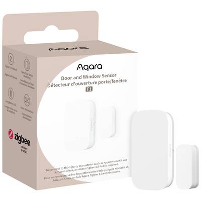 Un emballage d'un capteur de porte et de fenêtre de la marque Aqara, modèle T1, compatible avec Zigbee et les écosystèmes intelligents tels qu'Apple HomeKit.