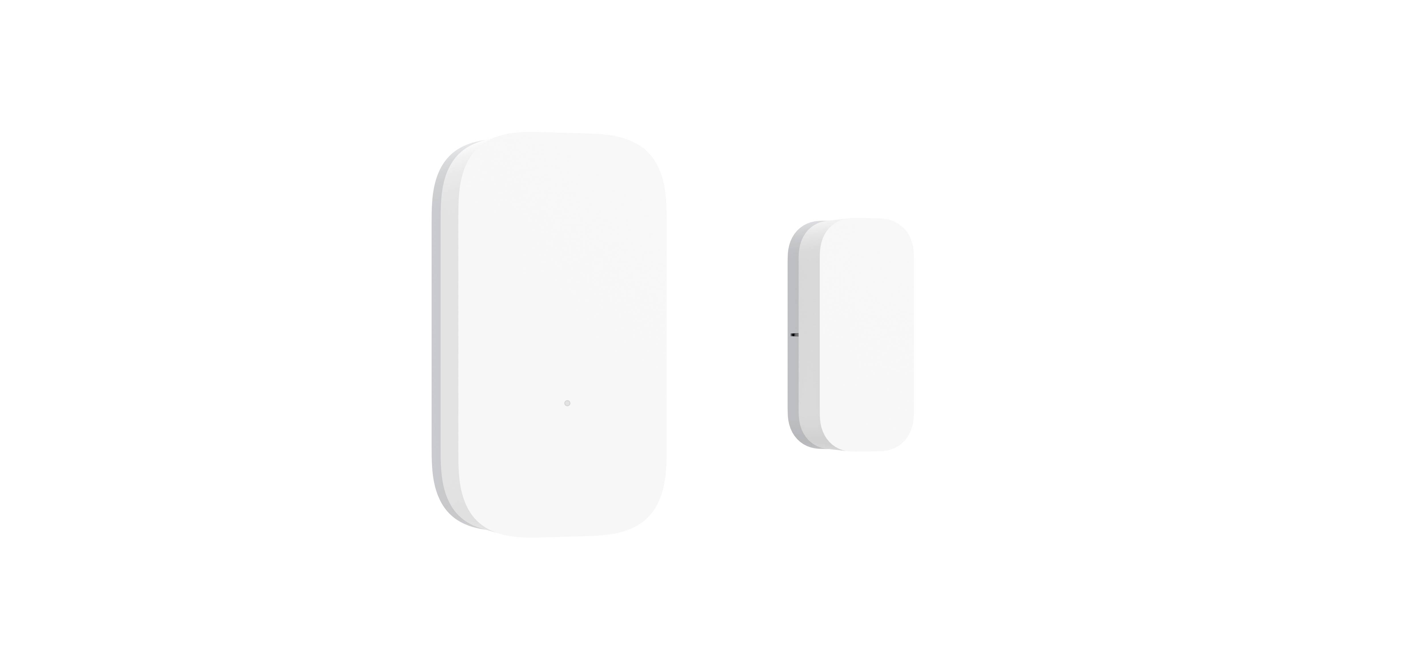 Deux dispositifs de capteurs rectangulaires blancs sur un fond blanc, l'un plus grand que l'autre. Ils présentent des coins arrondis et un design épuré.