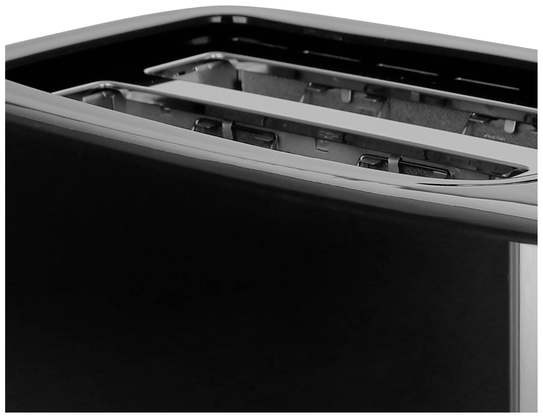 Un grille-pain noir à deux fentes, vue de dessus.