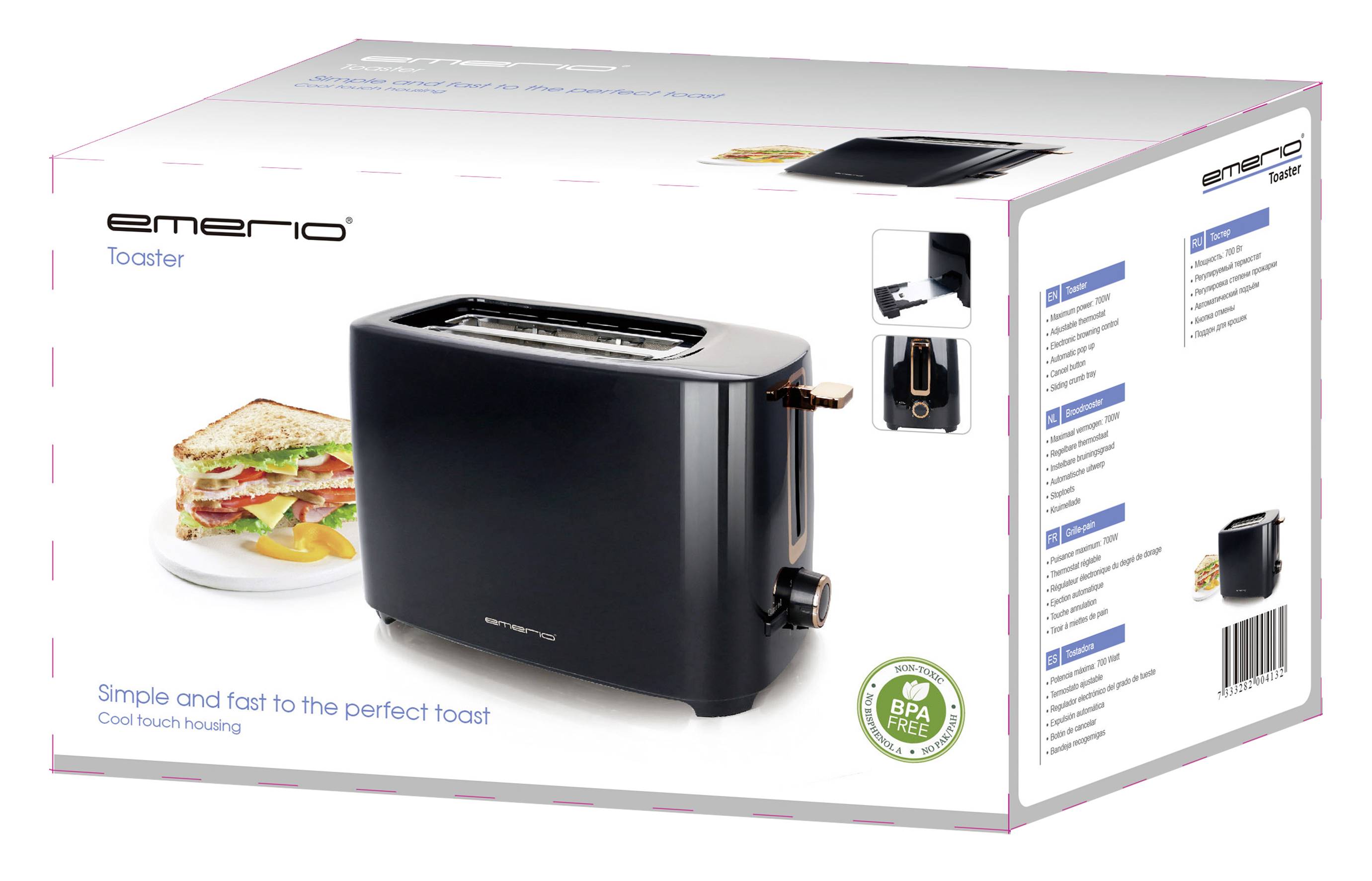 Un grille-pain noir est représenté sur un emballage, avec l'inscription « Simple et rapide vers le toast parfait ».