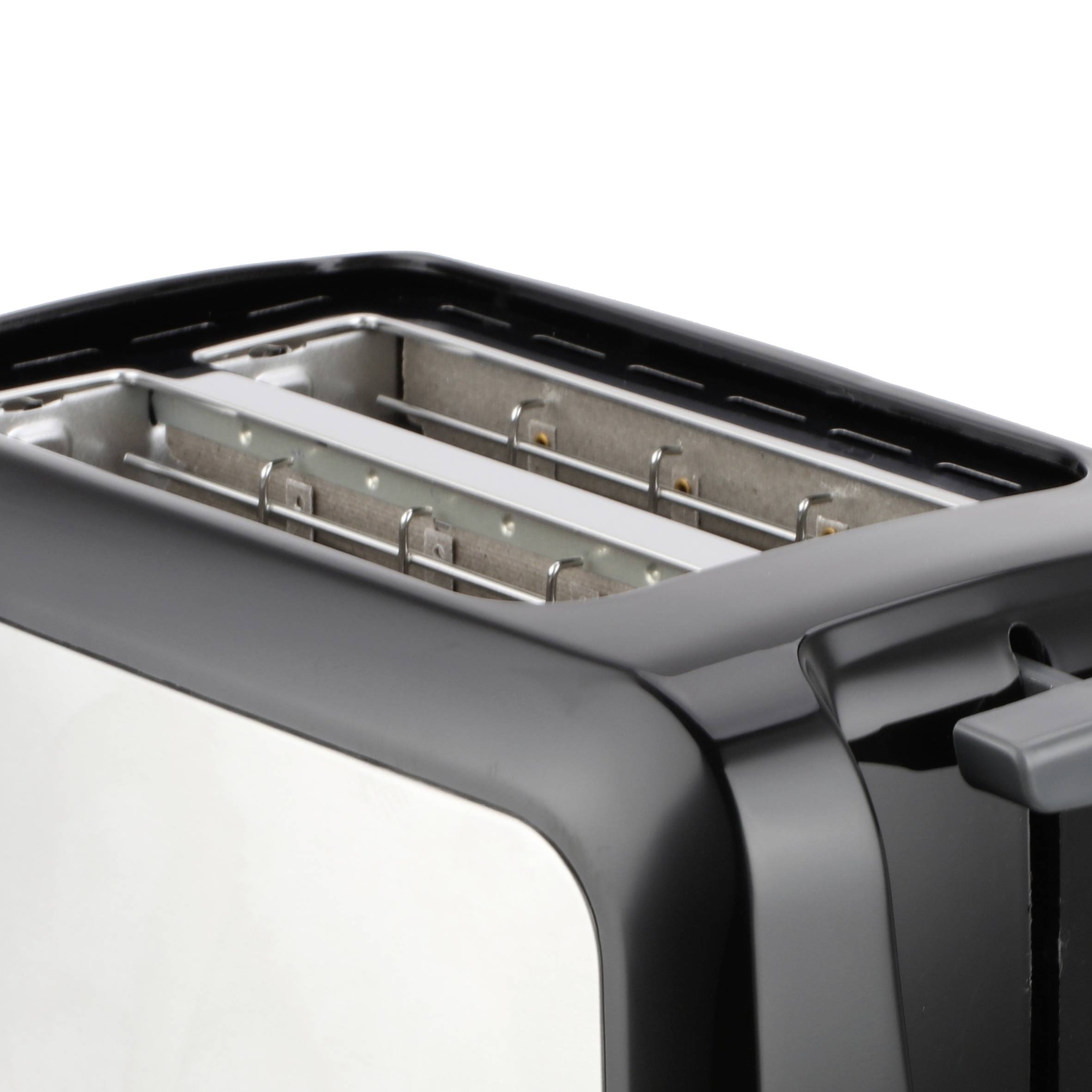 Un grille-pain noir à deux fentes, prêt à griller du pain.