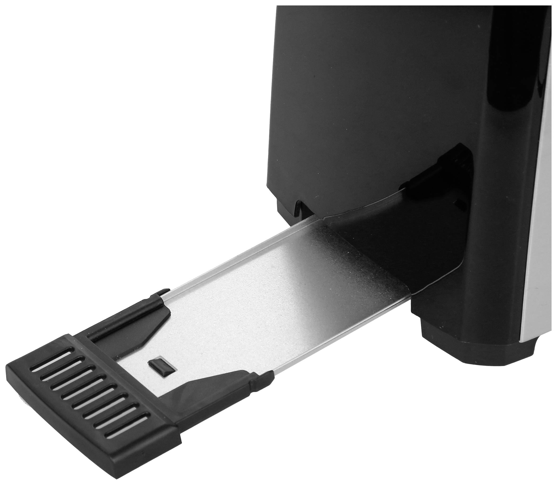 Un grille-pain noir avec son plateau ramasse-miettes sorti, prêt à être nettoyé.