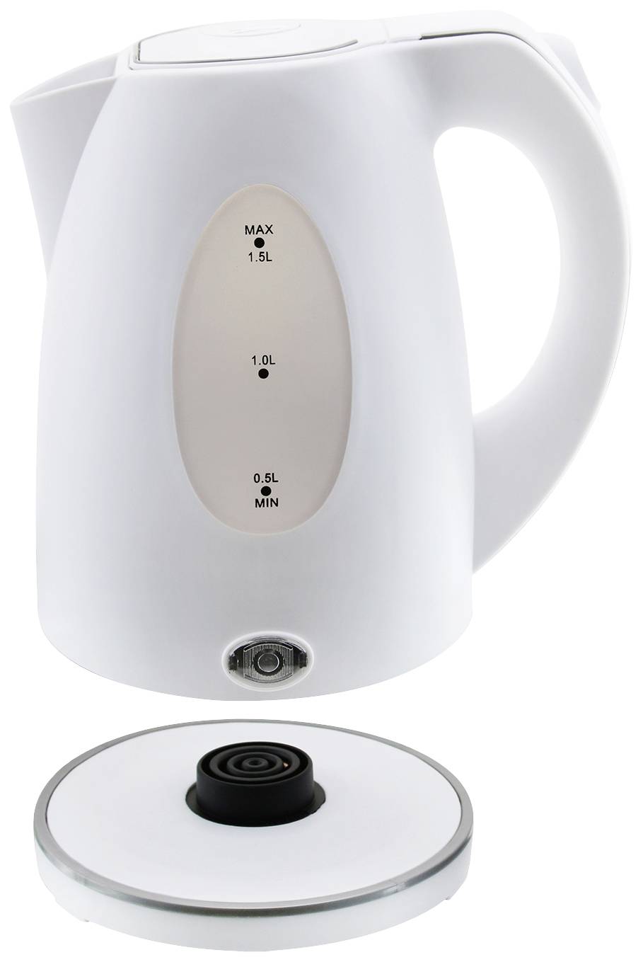 Une bouilloire blanche avec un indicateur de niveau d'eau de 0,5 à 1,5 litres, détachée de sa base.
