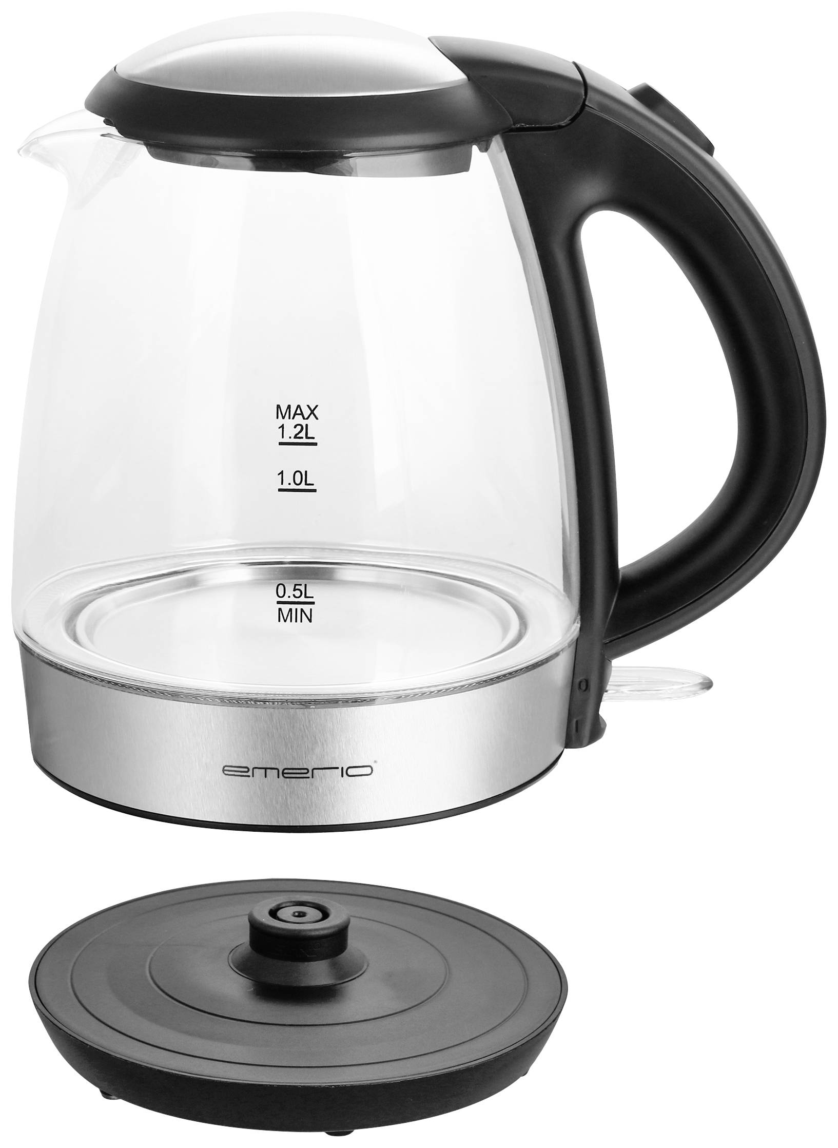 Bouilloire en verre avec poignée noire et couvercle amovible. Capacité maximale de 1,2 litres, volume minimal de remplissage de 0,5 litre.