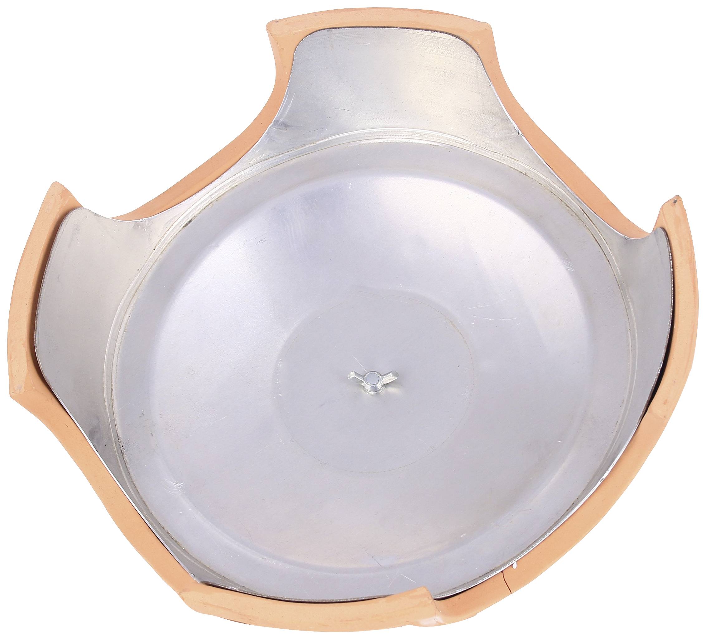 Récipient de cuisson en céramique fine avec couvercle rond en aluminium, conçu pour retenir la chaleur.