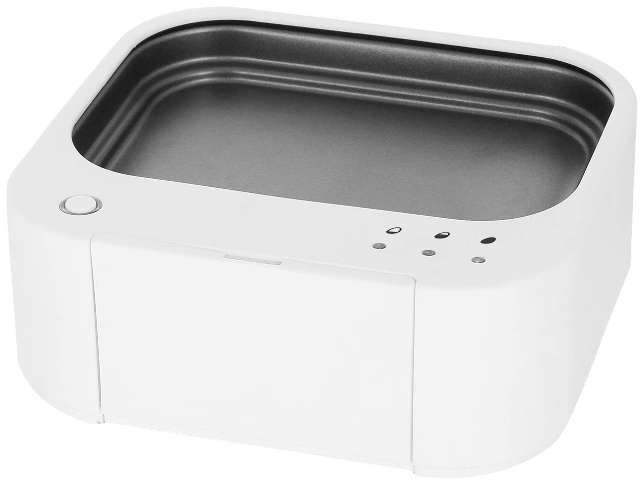 Un récipient rectangulaire blanc avec un intérieur noir, probablement un bol pour animaux, équipé de boutons de capteurs et d'un interrupteur.