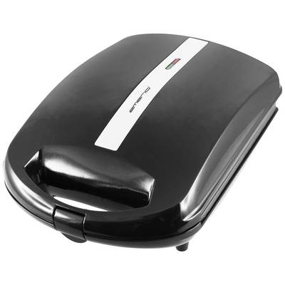 Appareil électrique noir pour sandwichs, avec des témoins lumineux sur le dessus, fermé et prêt à l'emploi.