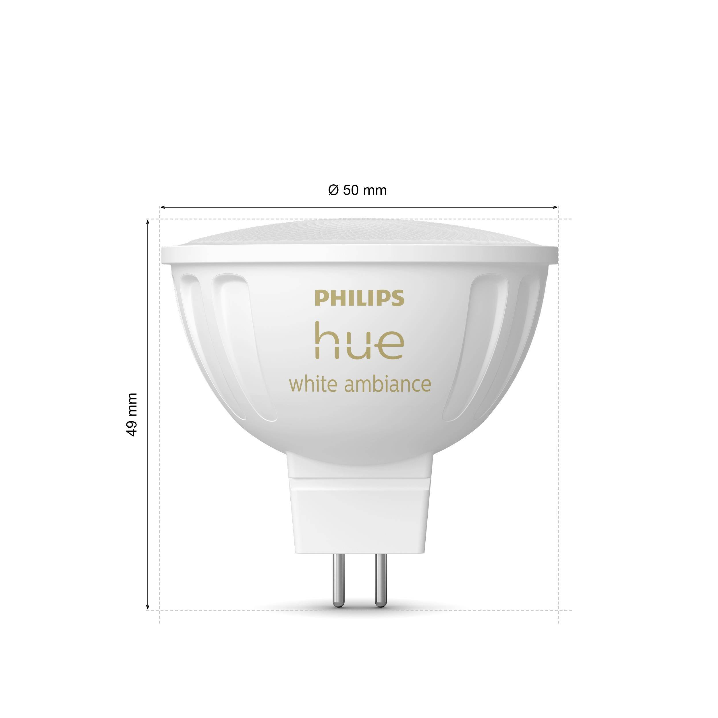 Un ampoule LED Philips Hue White Ambiance GU5.3, blanche, avec des dimensions de 50 mm de diamètre et 49 mm de hauteur.