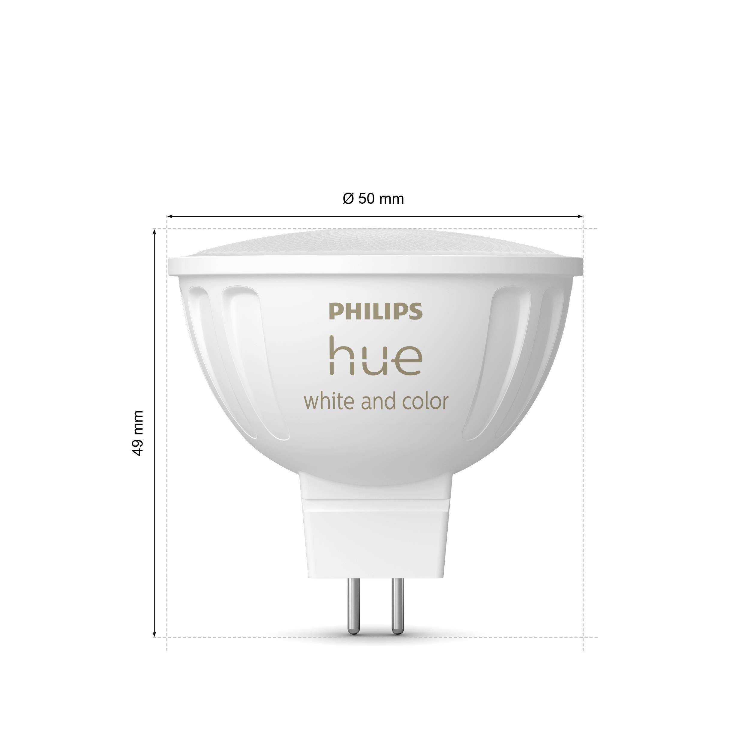 Une ampoule LED Philips Hue GU5.3. Elle est réglable en blanc et en couleur. L'ampoule mesure 50 mm de diamètre et 49 mm de hauteur.