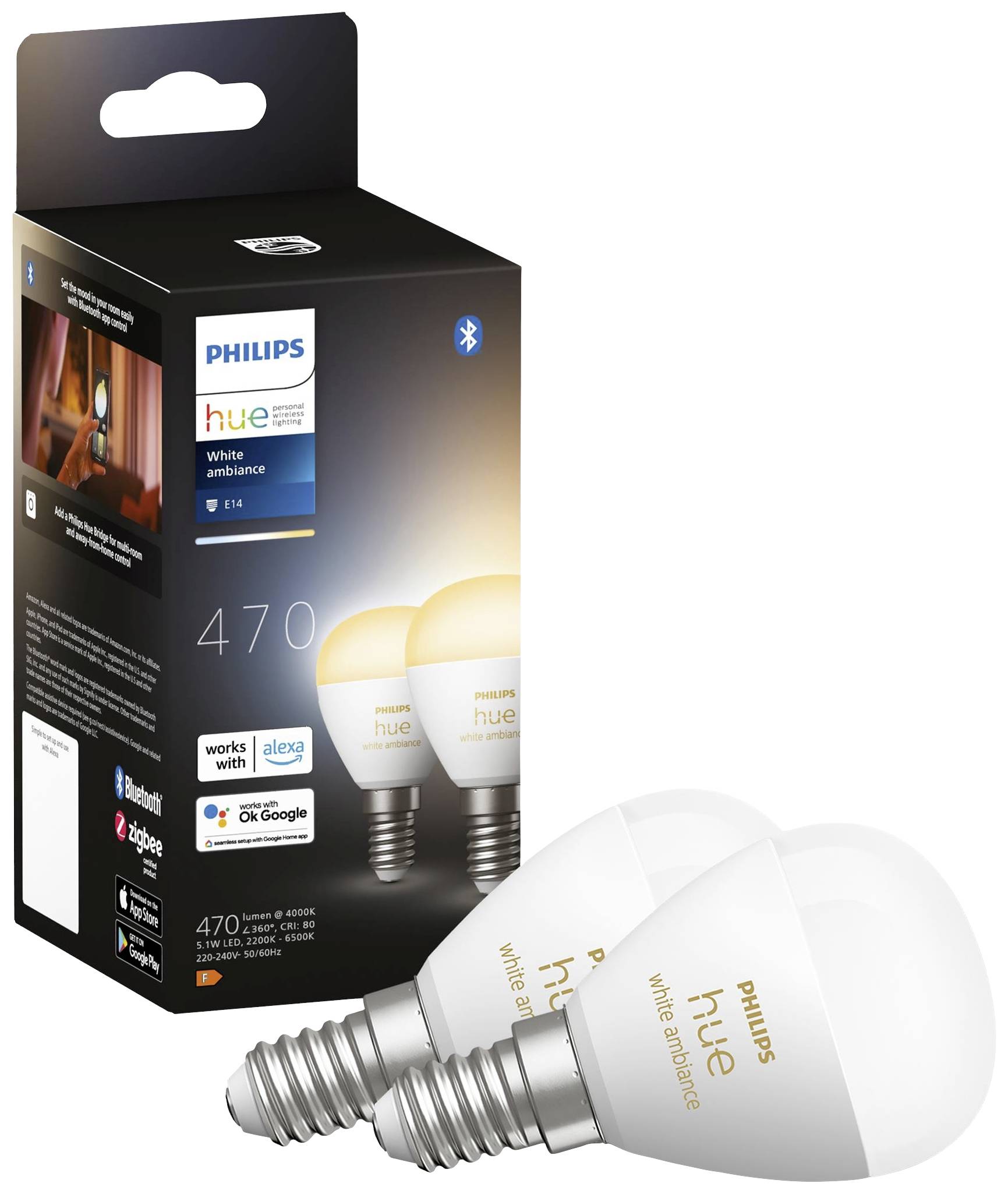Emballage contenant deux ampoules Philips hue White ambiance. Compatible avec Alexa et Google Assistant.