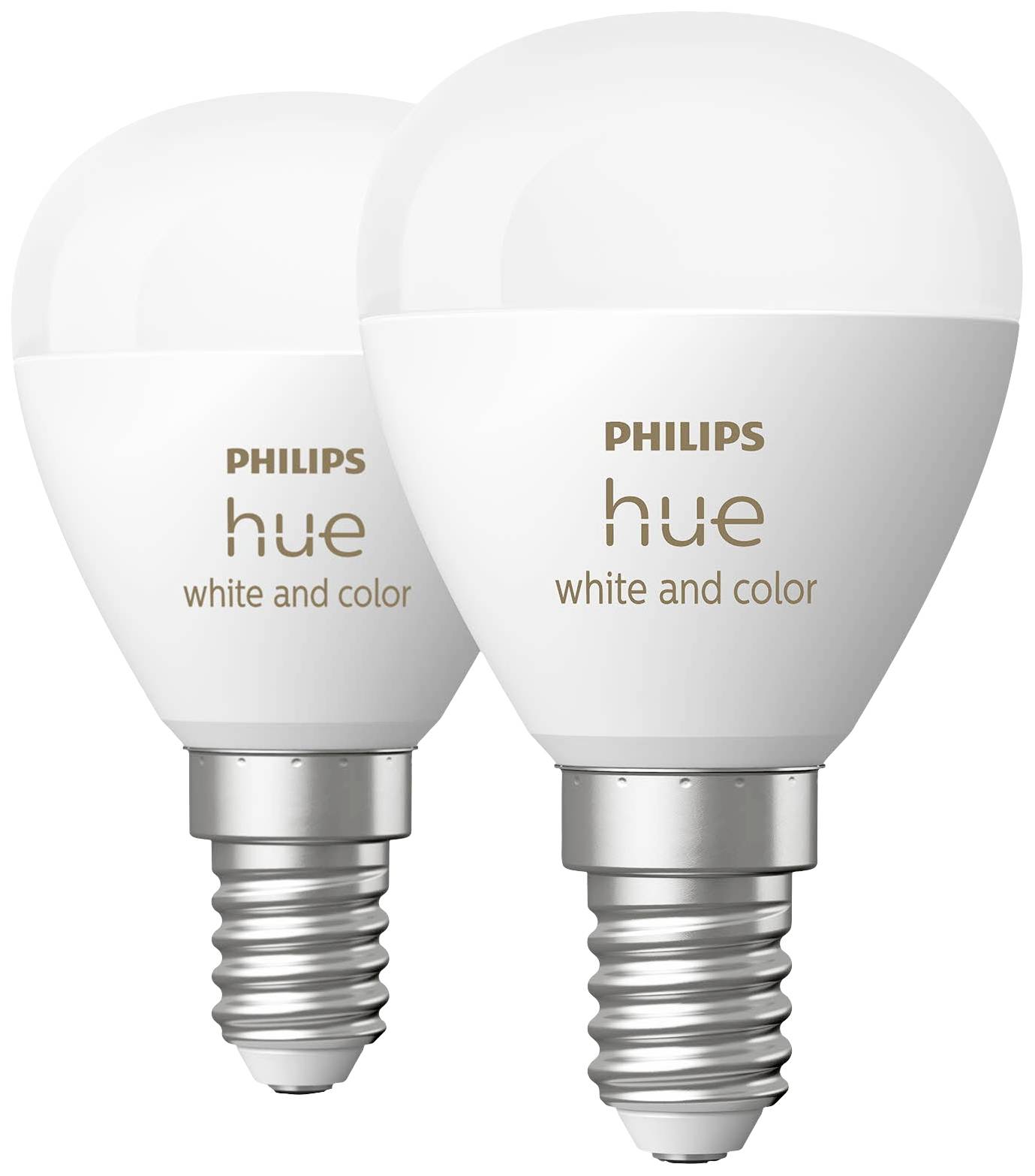 Deux ampoules intelligentes à culot E14 de la marque Philips Hue. Elles prennent en charge l'éclairage blanc et coloré. Idéales pour créer des ambiances lumineuses personnalisées.