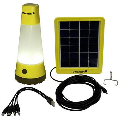 Lampe solaire avec socle jaune, panneau solaire, câble USB et adaptateur. Idéale pour un éclairage mobile à énergie solaire.