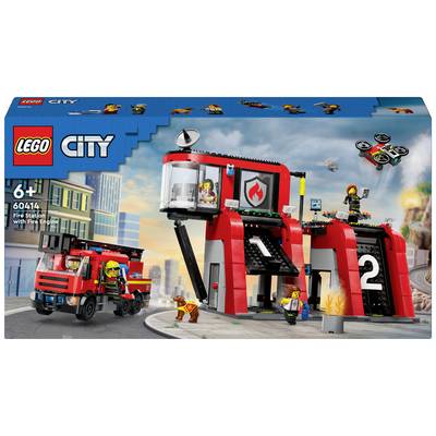 Ensemble de caserne de pompiers Lego City pour enfants de 6 ans et plus, comprenant une caserne, un camion de pompiers, des figurines et un drone.