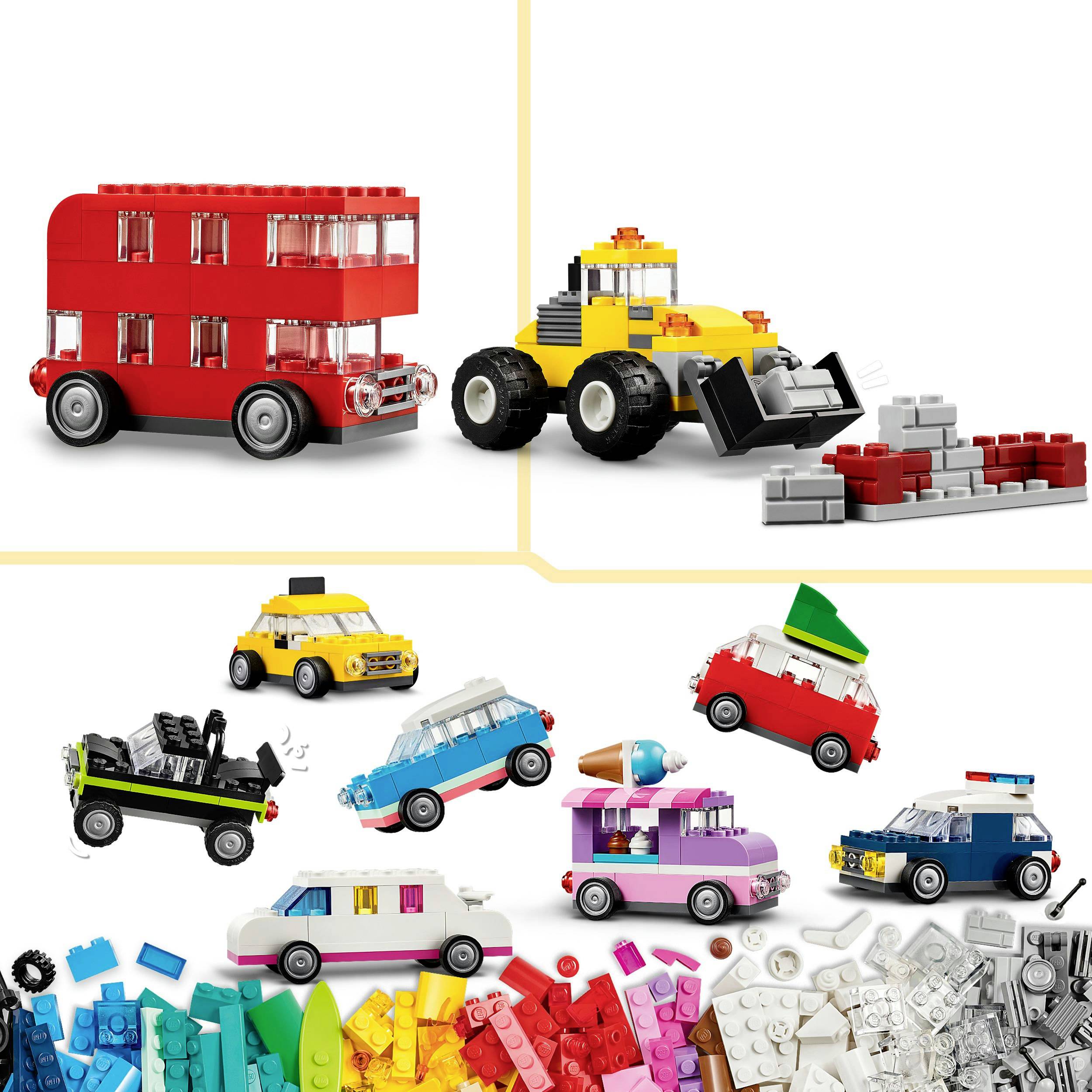Jouets : Un bus à deux étages rouge et un bulldozer jaune avec des blocs de construction. En dessous, différentes voitures colorées faites de blocs.