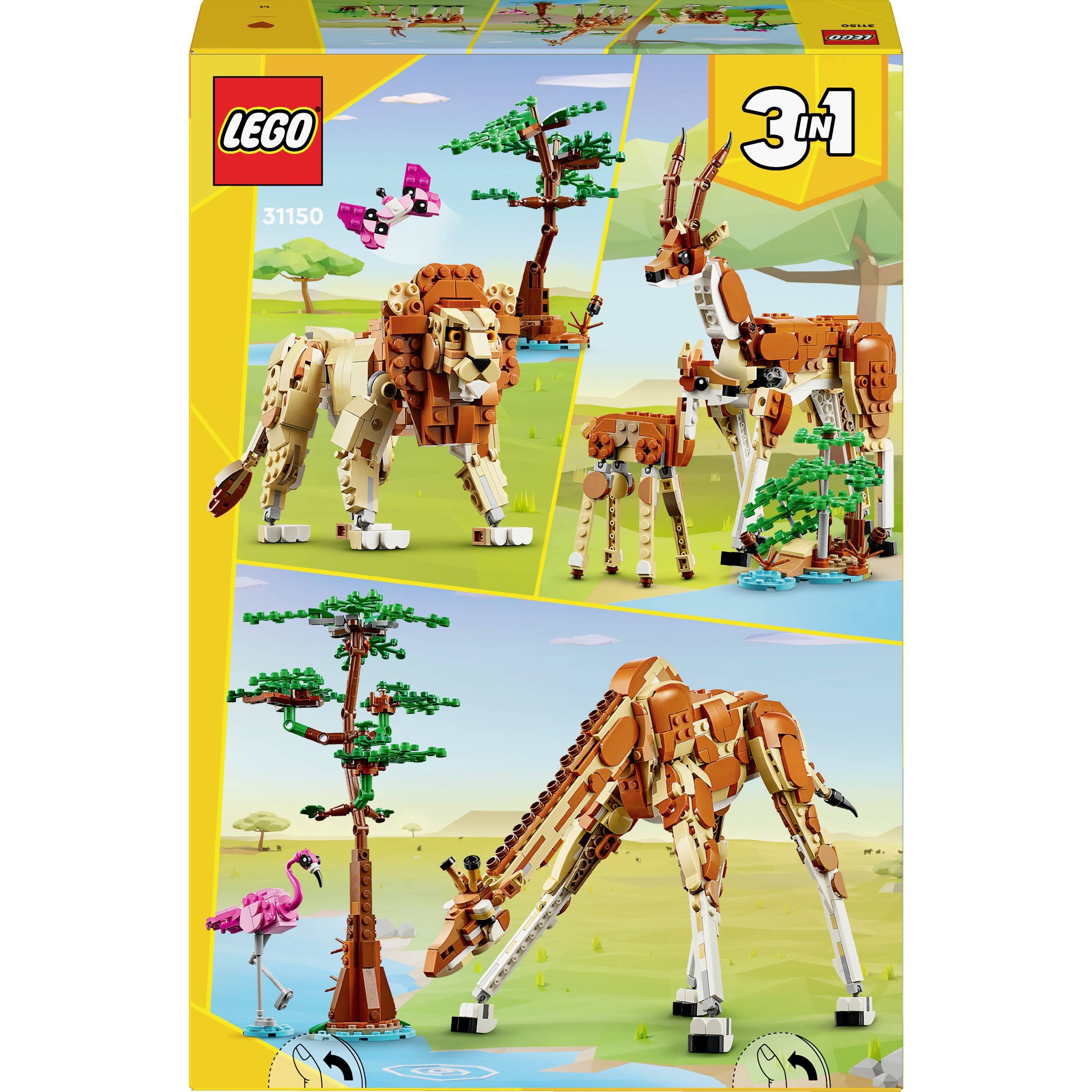 Un emballage LEGO présente trois modèles d'animaux différents : lion, autruche et girafe. En haut à gauche, '3 en 1', symbole des différentes options de construction.