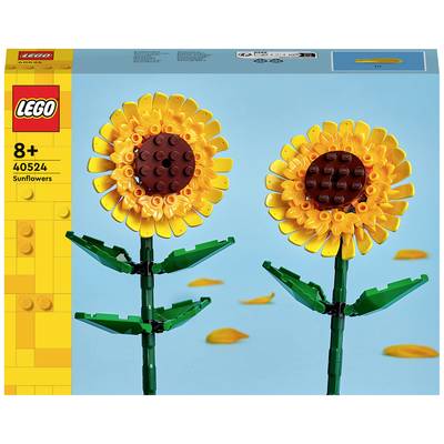 Deux ensembles de tournesols LEGO avec des pétales jaunes et un centre brun sont assemblés. Âge recommandé : 8 ans et plus.