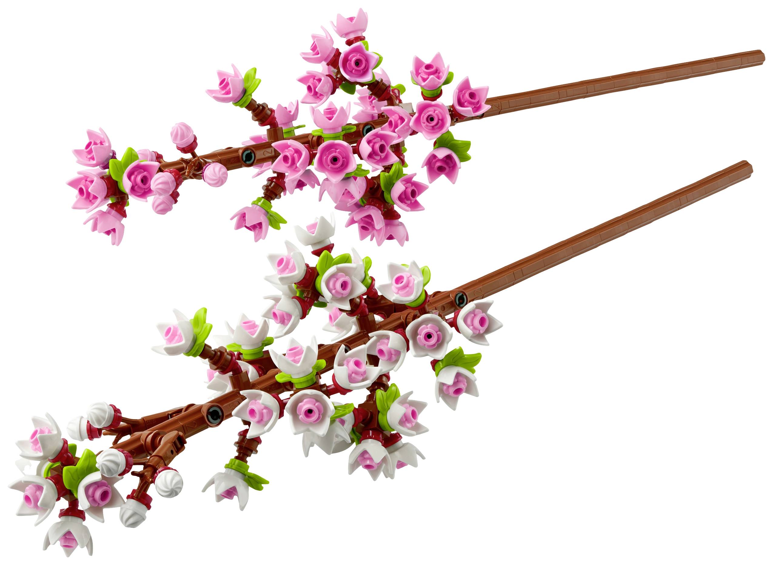 Deux branches Lego avec des fleurs roses et blanches représentant un motif de fleurs de cerisier.