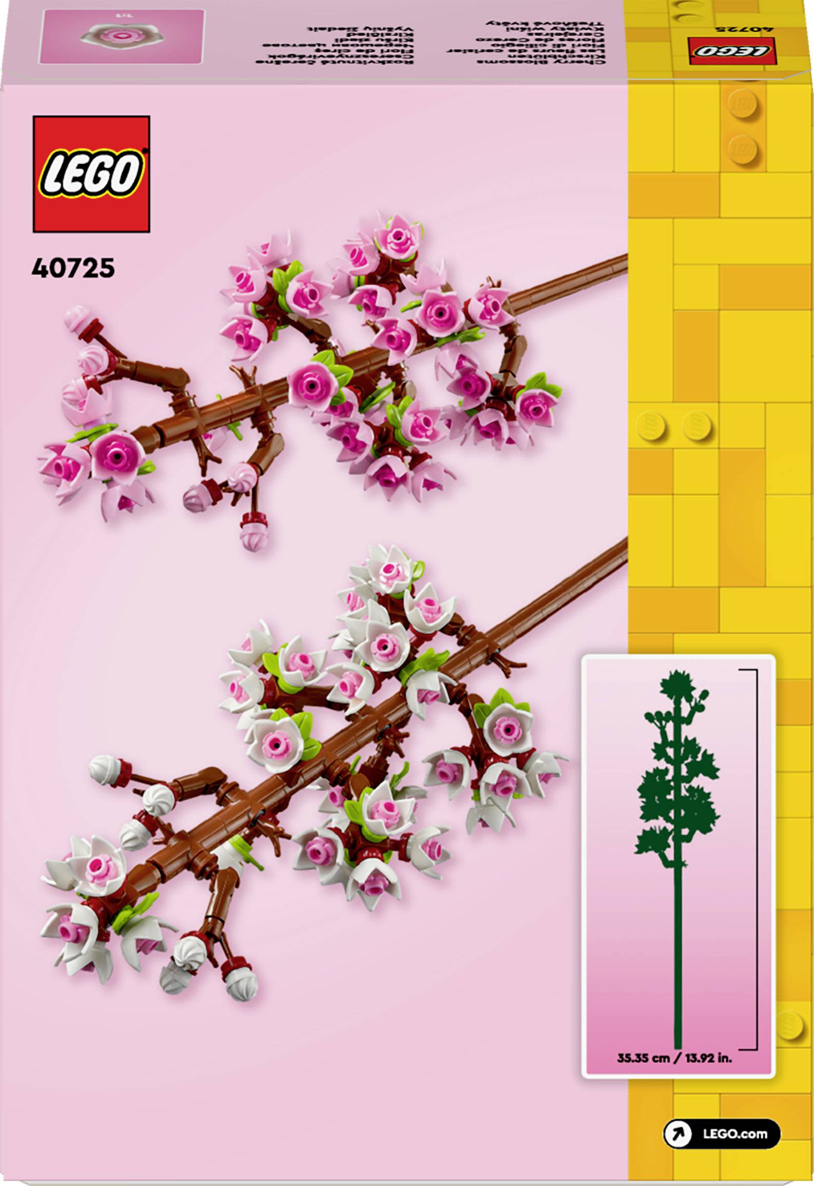Ensemble Lego avec une branche de cerisier en fleurs composée de pièces roses et blanches. Numéro de set 40725. L'emballage présente une création florale terminée.
