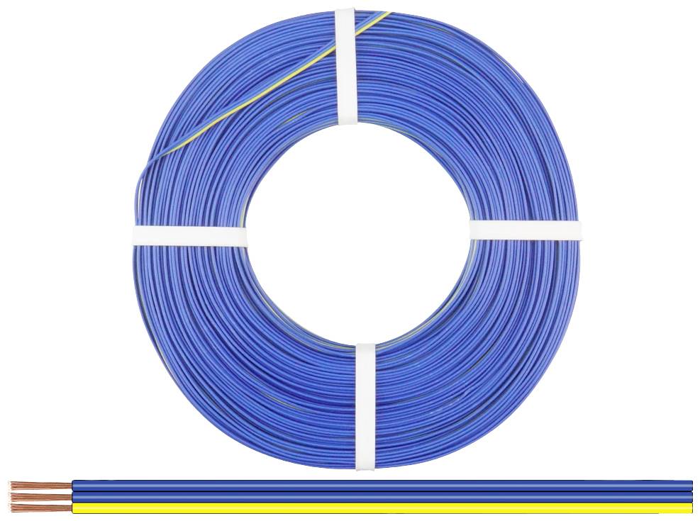 Câble bleu enroulé, avec des fils de cuivre visibles. Câble de terre jaune-vert séparé en bas. Usage : Installation électrique.
