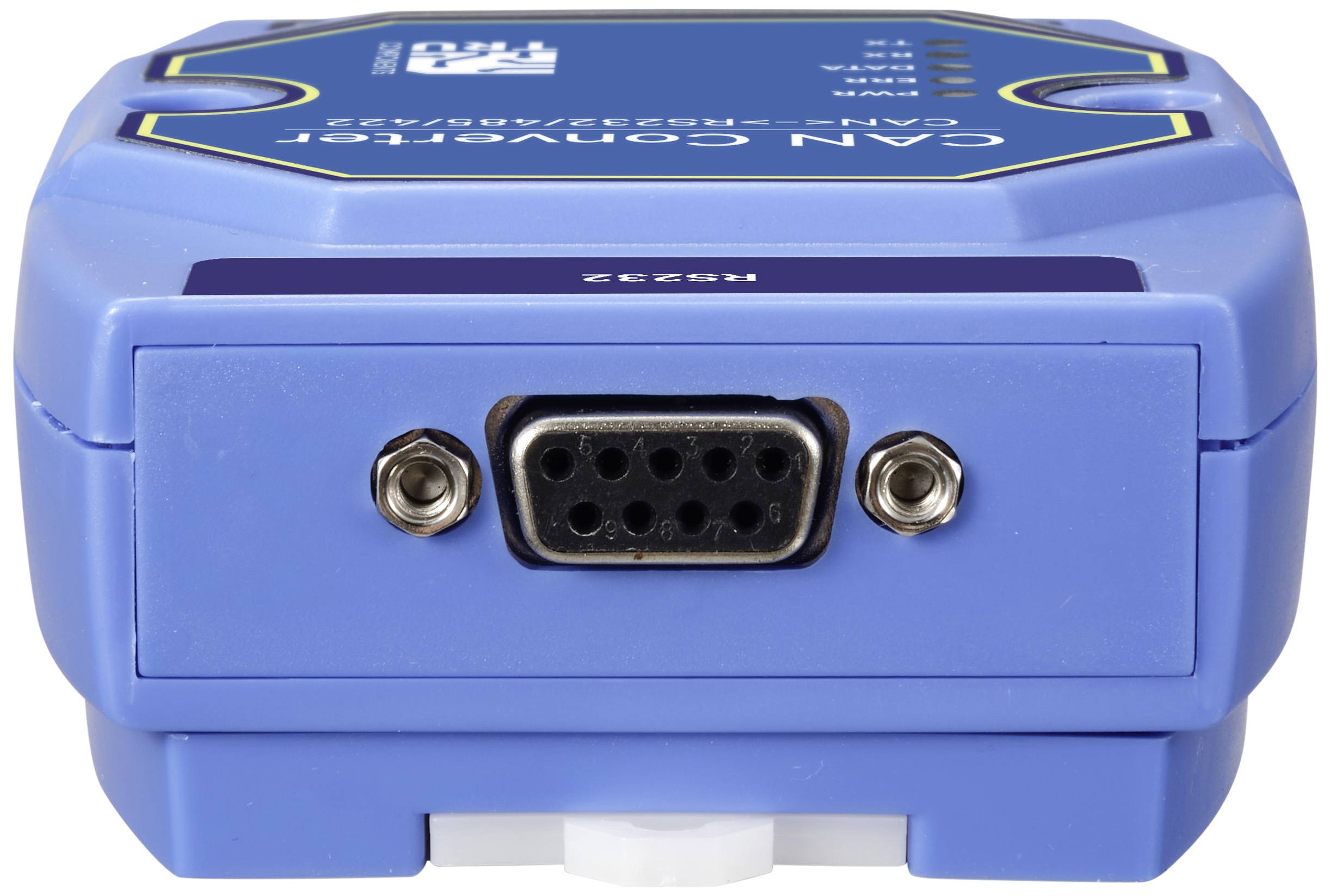 Un convertisseur CAN bleu avec une connexion série. Des LED et des étiquettes sont visibles sur le dessus. L'appareil est destiné à la transmission de données.