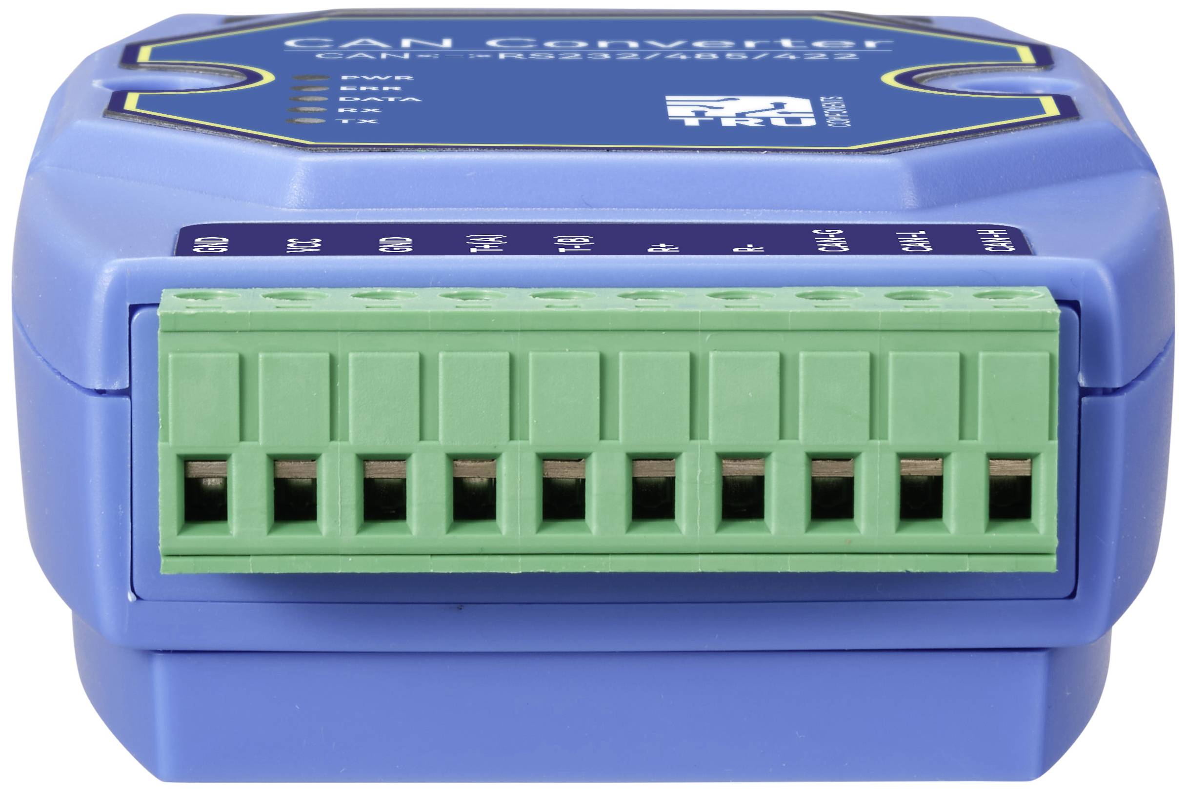 Un convertisseur CAN bleu avec des bornes de connexion vertes, sur lequel est inscrit 'Convertisseur CAN'. Principalement utilisé pour les interfaces de données.