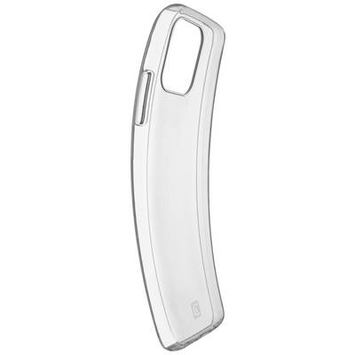 Une coque de protection transparente pour smartphone avec des découpes pour la caméra et les boutons, légèrement incurvée, fabriquée dans un matériau flexible.