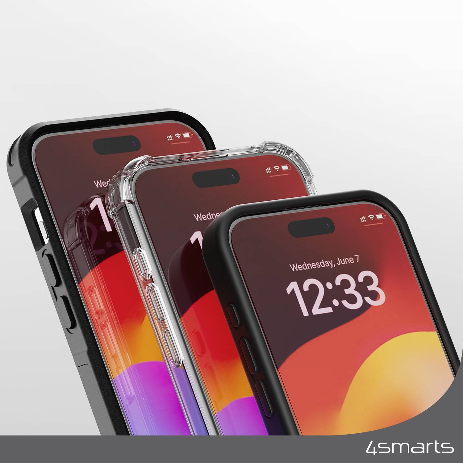 Trois smartphones sur un fond coloré sont placés dans des étuis transparents. Le logo '4smarts' est visible en bas à droite.
