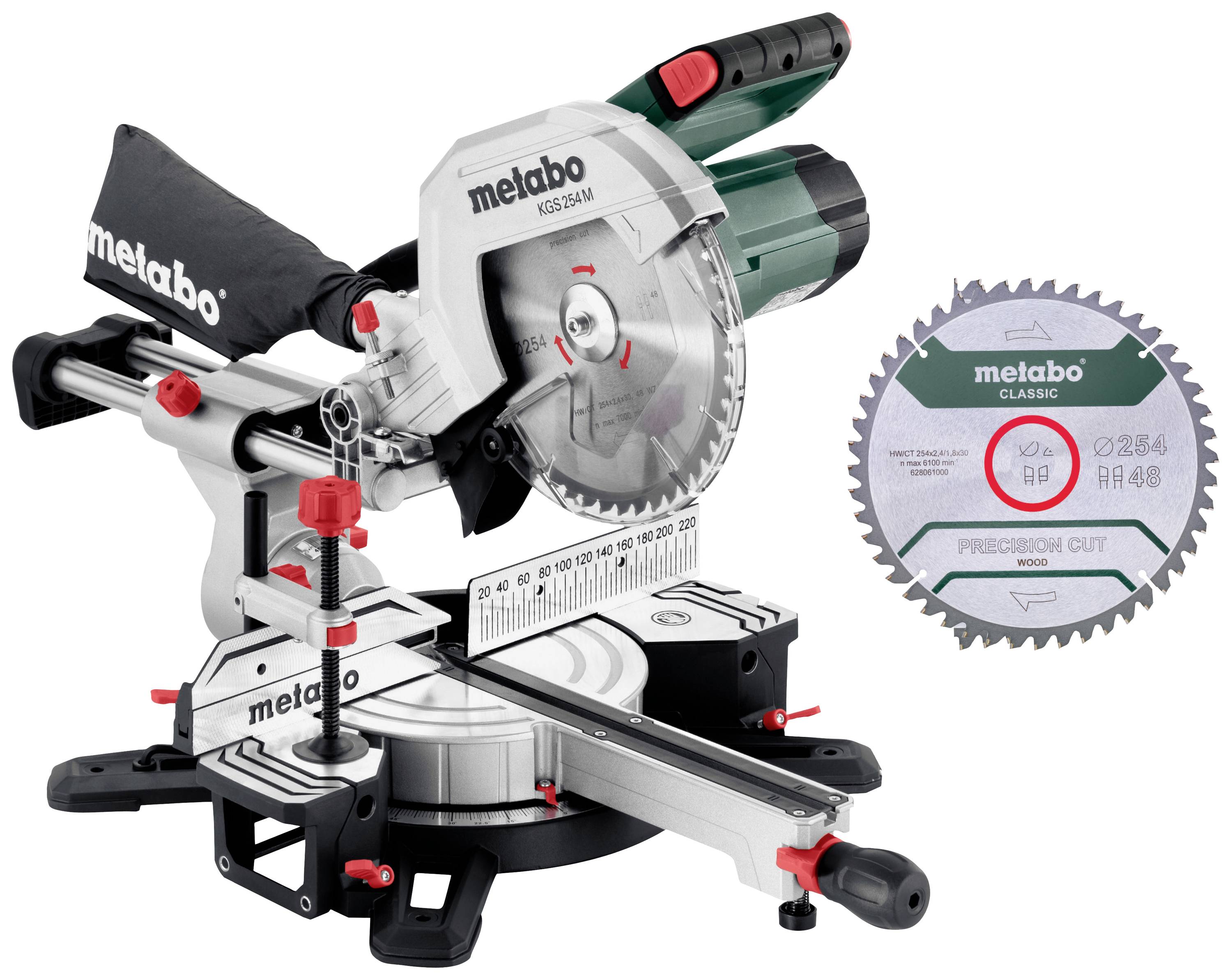 Scie à onglets et à coupe Metabo, modèle KGS 254 M, avec un design de coupe précis et une lame de scie de précision pour le travail polyvalent du bois.